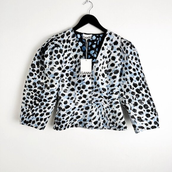 NWT Ganni Crispy Jacquard V-Neck Blouse - Picture 4 of 8